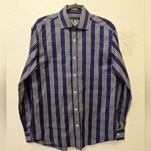Bugatchi Uomo Men's Long Sleeve Stripe Shirt in white and blue size large